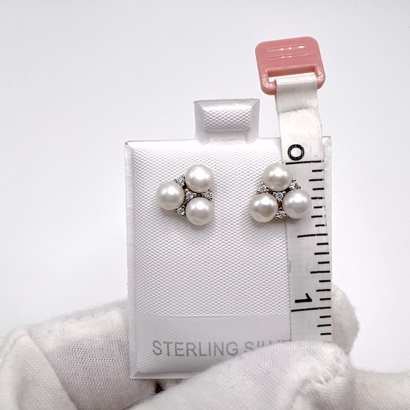 .925 Sterling Silver Simulated Pearl and Clear Cz Earrings - Picture 9 of 17
